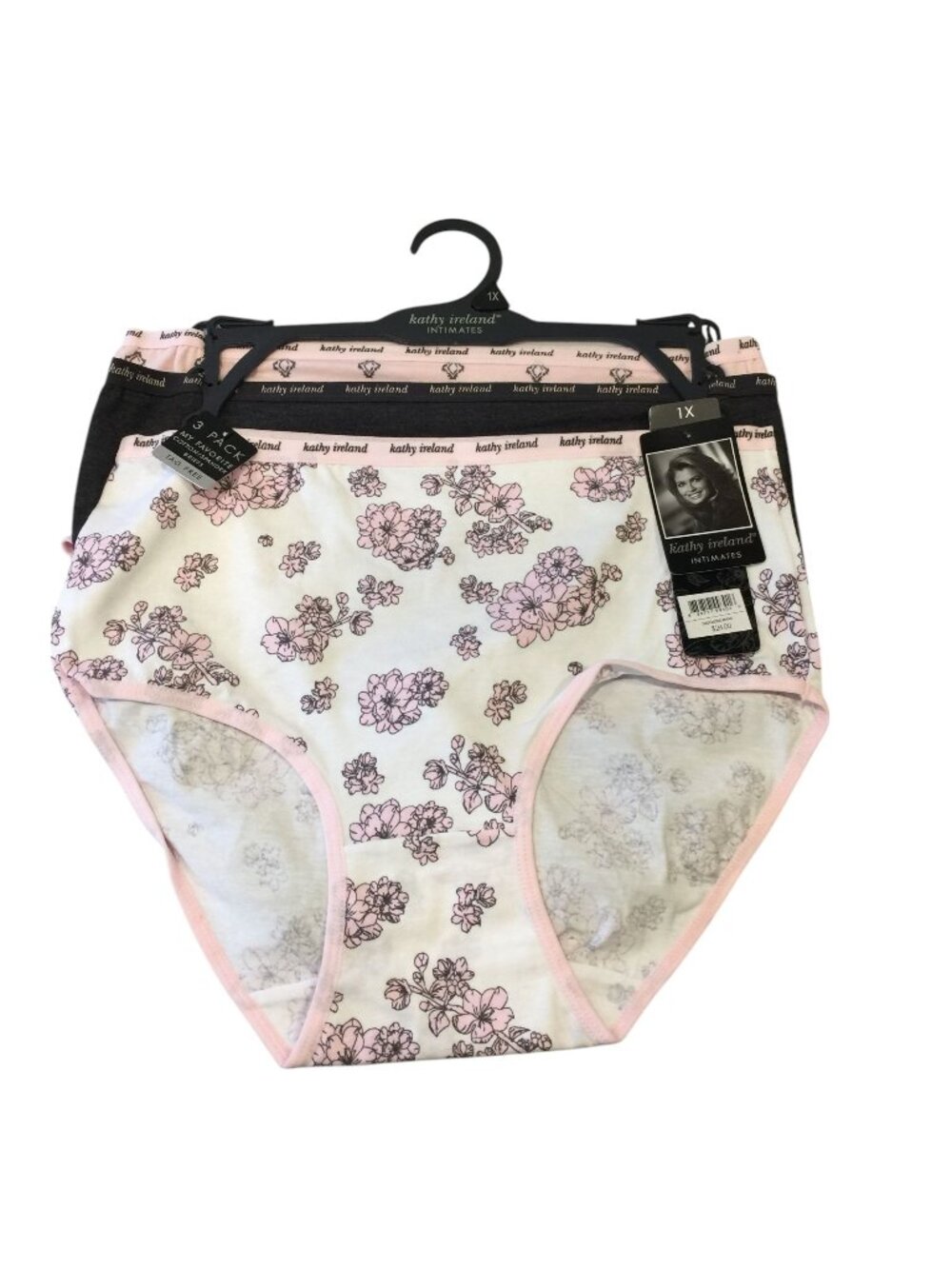 kathy ireland Ladies 1X Tag Free Briefs Cotton Blend Set of 3 Pink Charcoal Flor